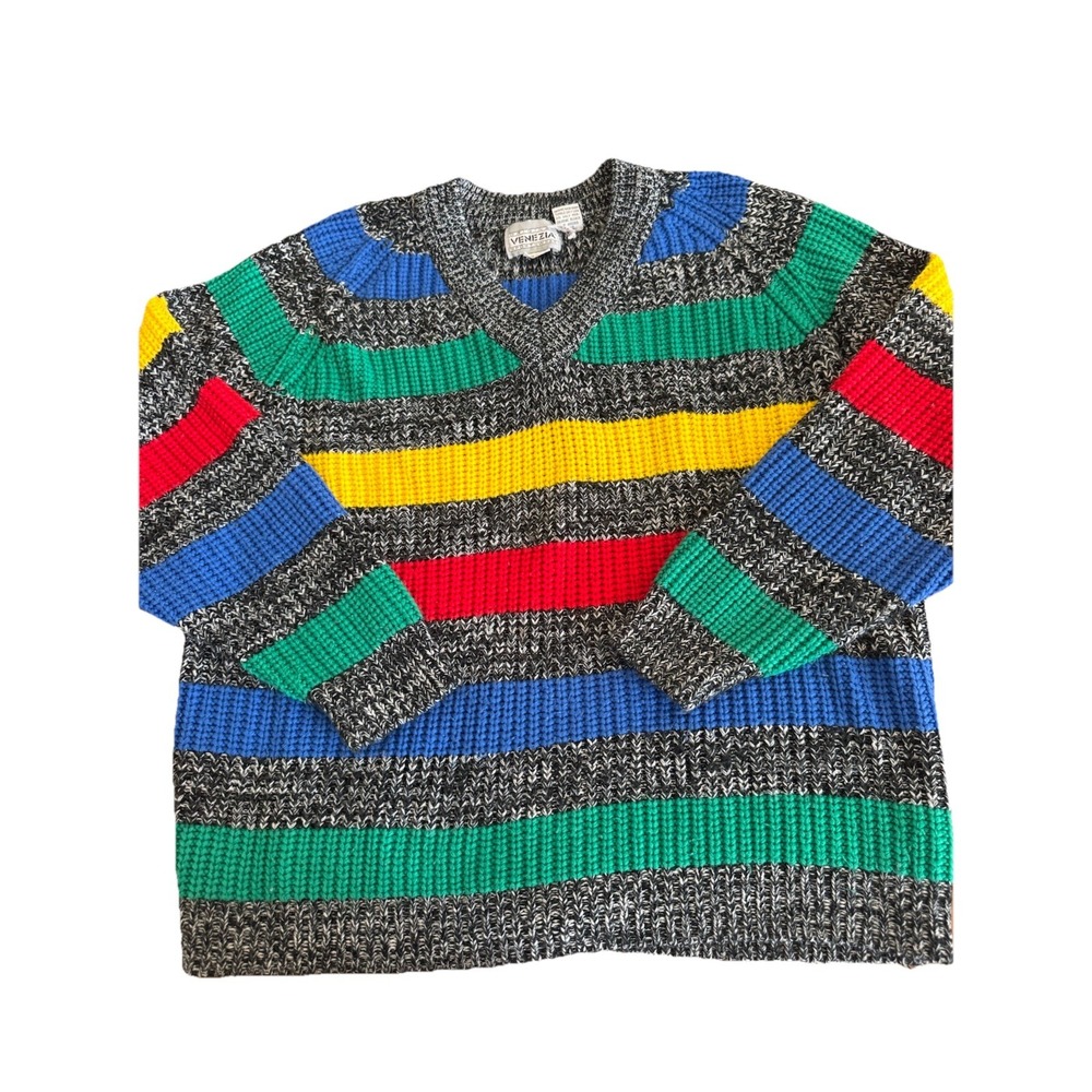 VTG Striped Sweater Rainbow Grunge 80s 90s Skater Retro Chunky Funky Punk XL